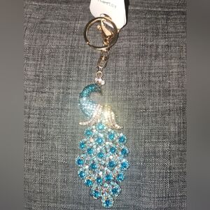 Beautiful Blue, Gold & Green Rhinestone Embellished Peacock Keychain/Bag Charm